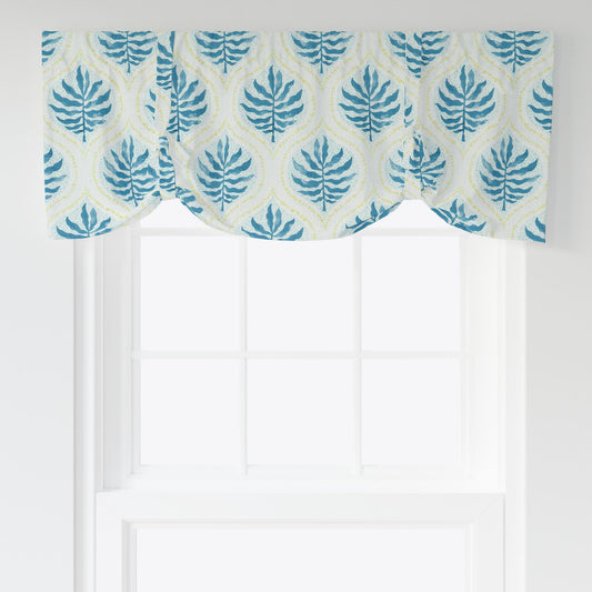 Tie-up Valance in Airlie Bluestone Blue and Lime Green Ogee Floral Watercolor