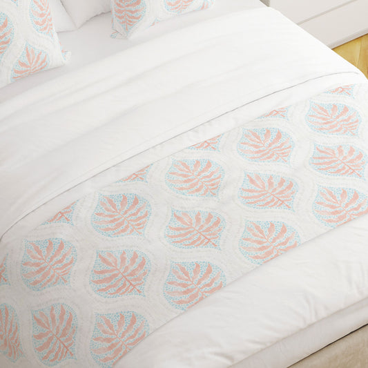 Bed Runner in Airlie Coral Ogee Floral Watercolor - with Blue, Gray