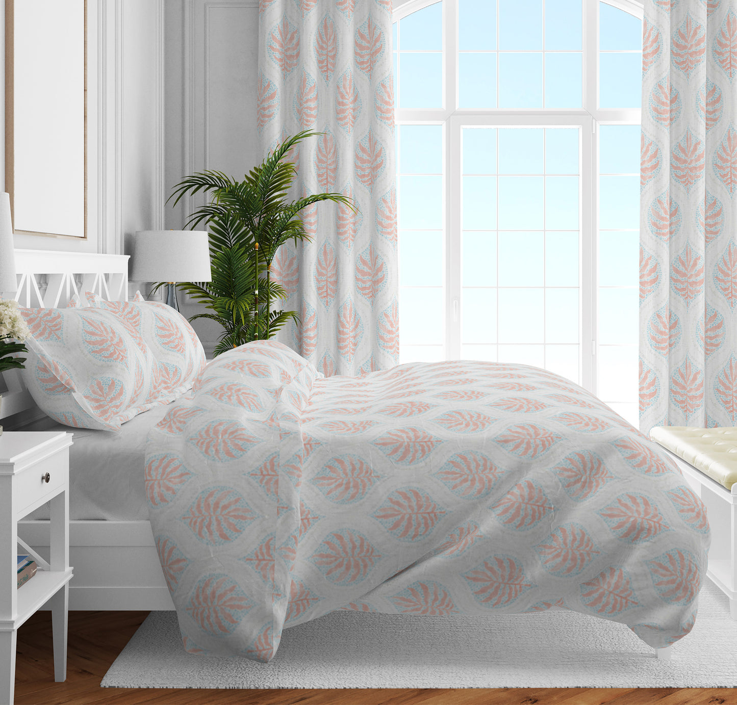 Duvet Cover in Airlie Coral Ogee Floral Watercolor - with Blue, Gray