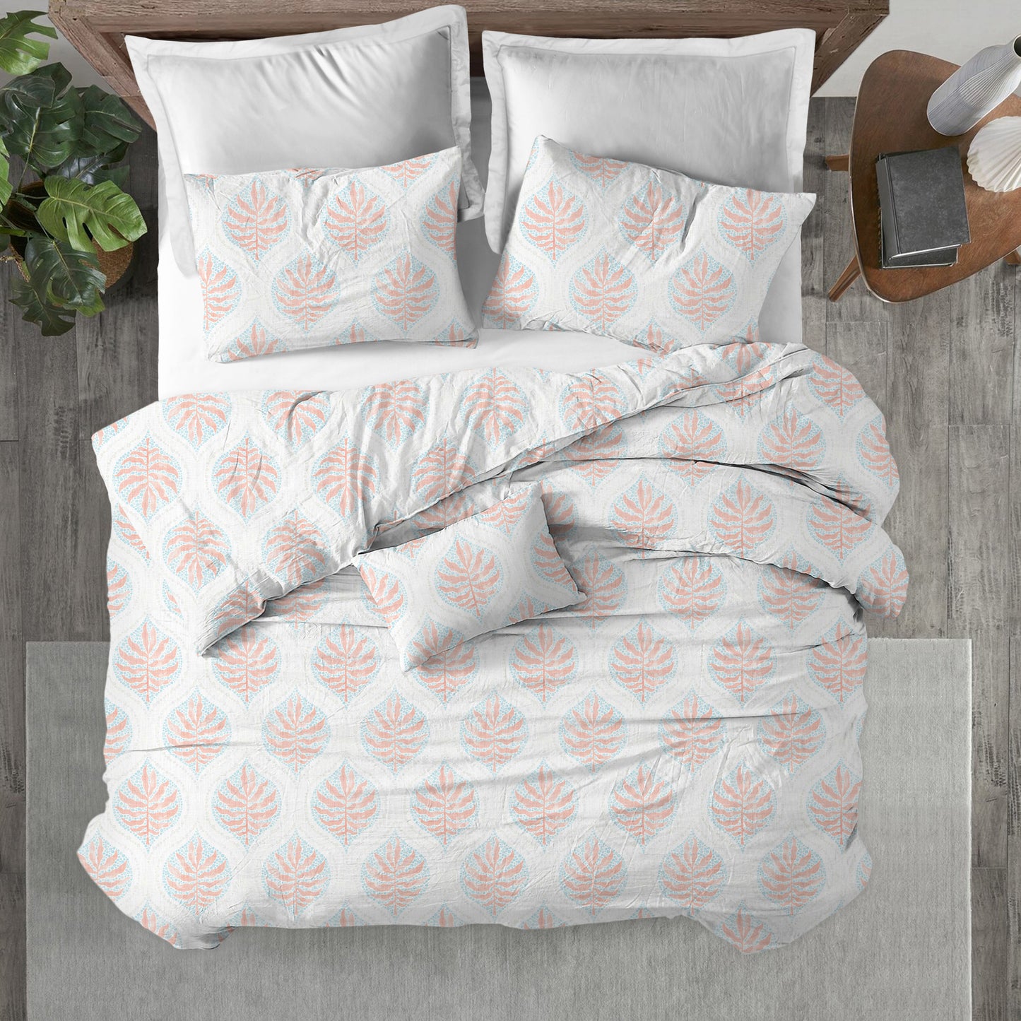 Duvet Cover in Airlie Coral Ogee Floral Watercolor - with Blue, Gray