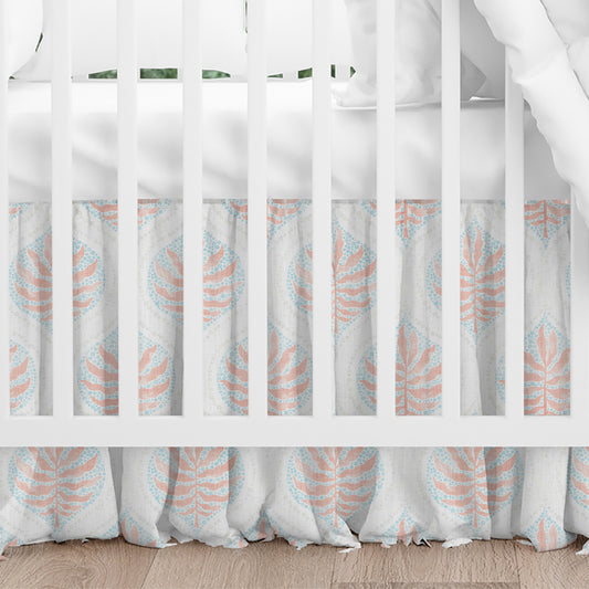 Gathered Crib Skirt in Airlie Coral Ogee Floral Watercolor - with Blue, Gray