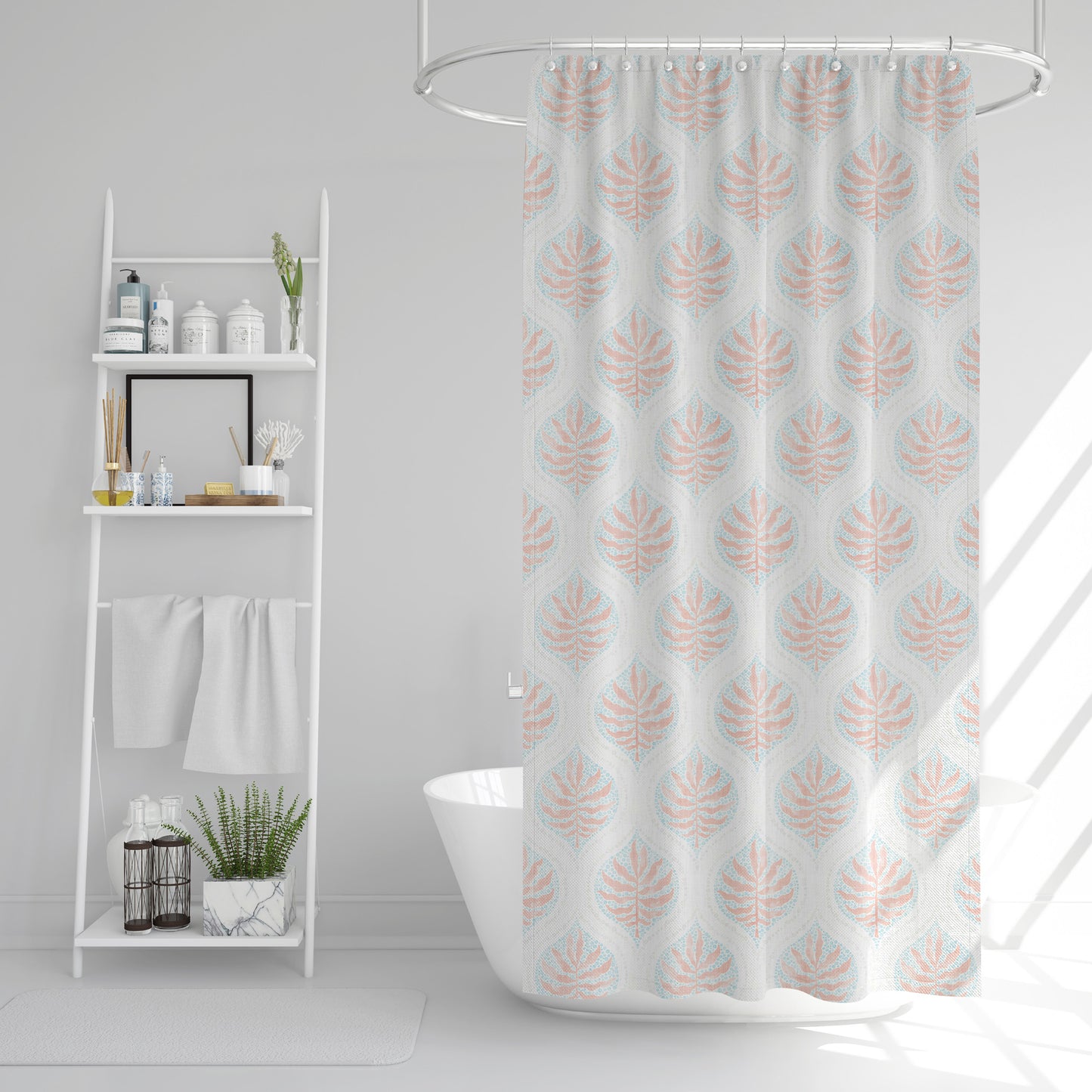Shower Curtain in Airlie Coral Ogee Floral Watercolor - with Blue, Gray