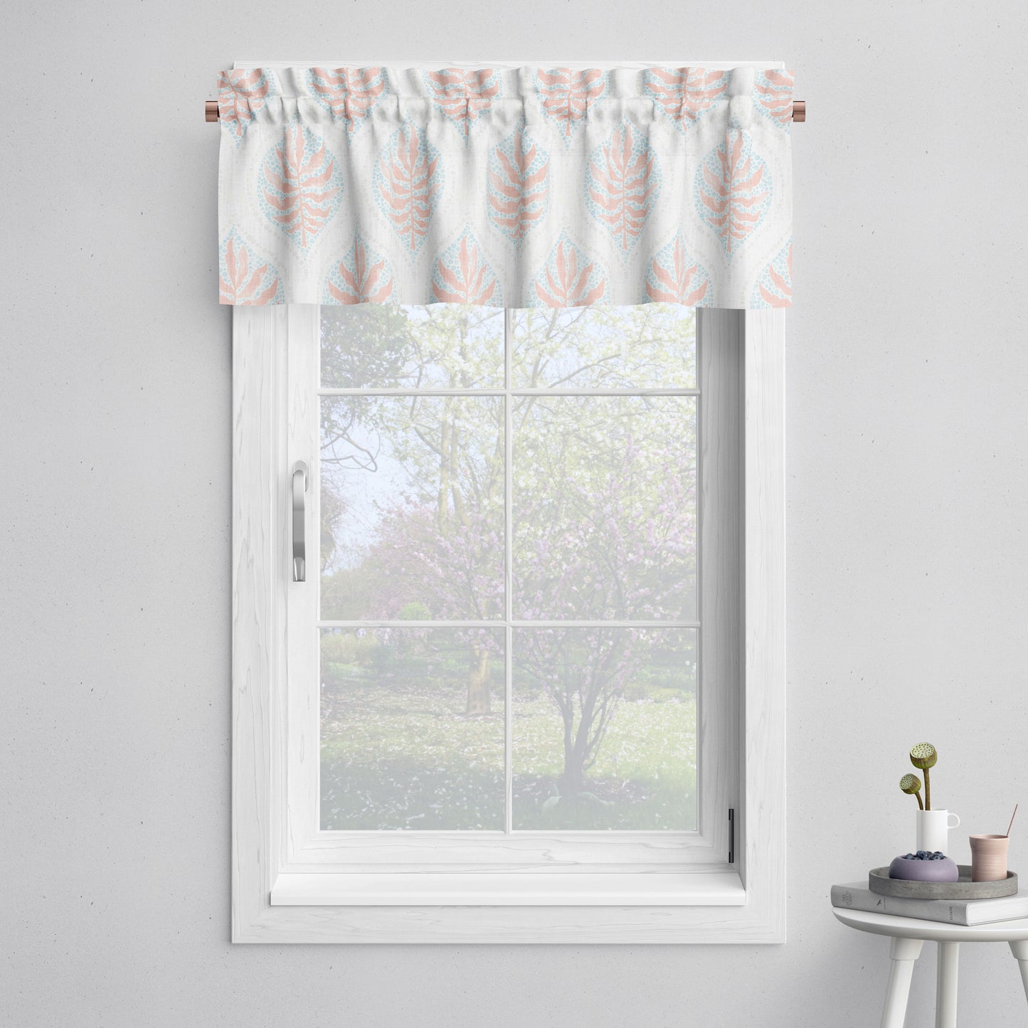 Tailored Valance in Airlie Coral Ogee Floral Watercolor - with Blue, Gray