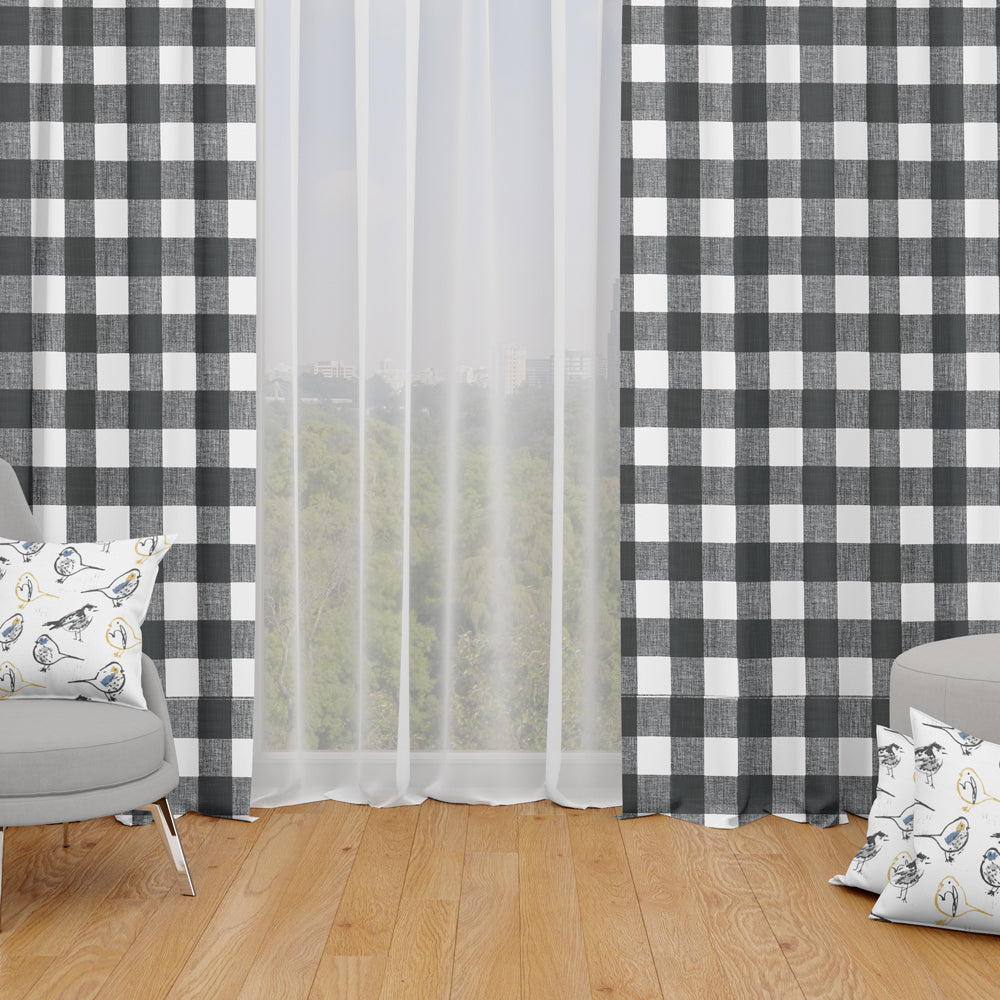 Back Tab Curtain Panels Pairs in Anderson Black Buffalo Check Plaid