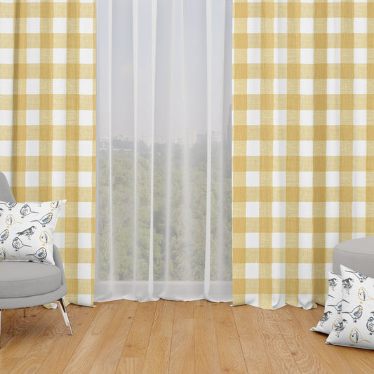 Back Tab Curtain Panels Pairs in Anderson Brazilian Yellow Buffalo Check Plaid