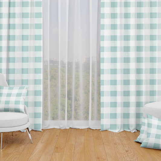 Back Tab Curtain Panels Pair in Anderson Snowy Pale Blue-Green Buffalo Check Plaid