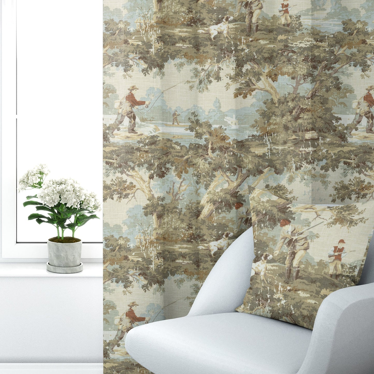 Back Tab Curtain Panels Pairs in Avondale Vintage Sportsman Toile