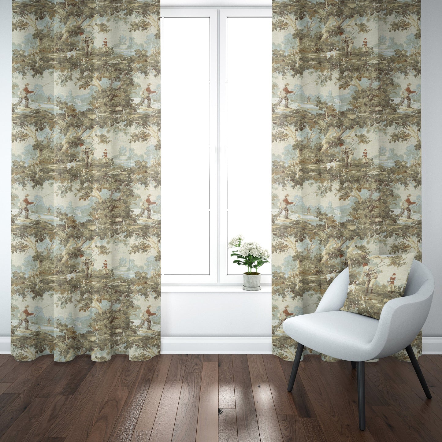 Back Tab Curtain Panels Pairs in Avondale Vintage Sportsman Toile