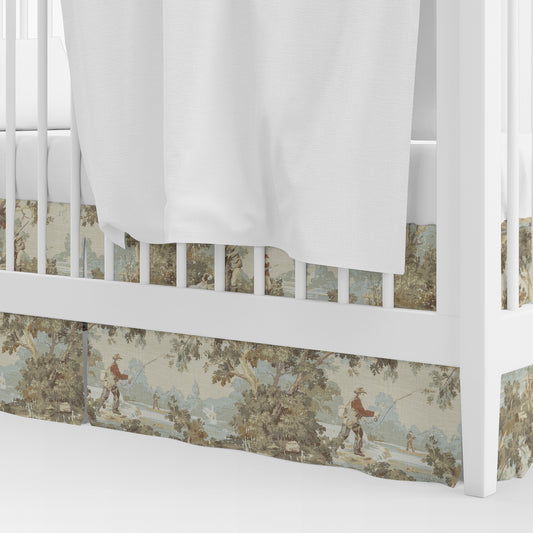 Tailored Crib Skirt in Avondale Vintage Sportsman Toile