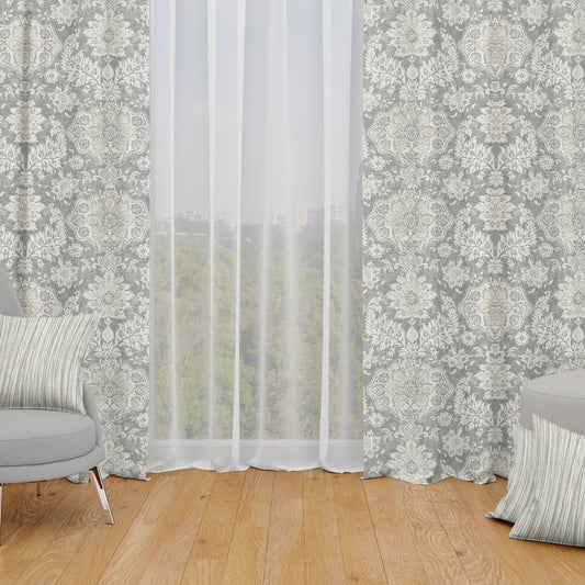 Back Tab Curtain Panels Pairs in Belmont Mist Pale Gray Floral Damask