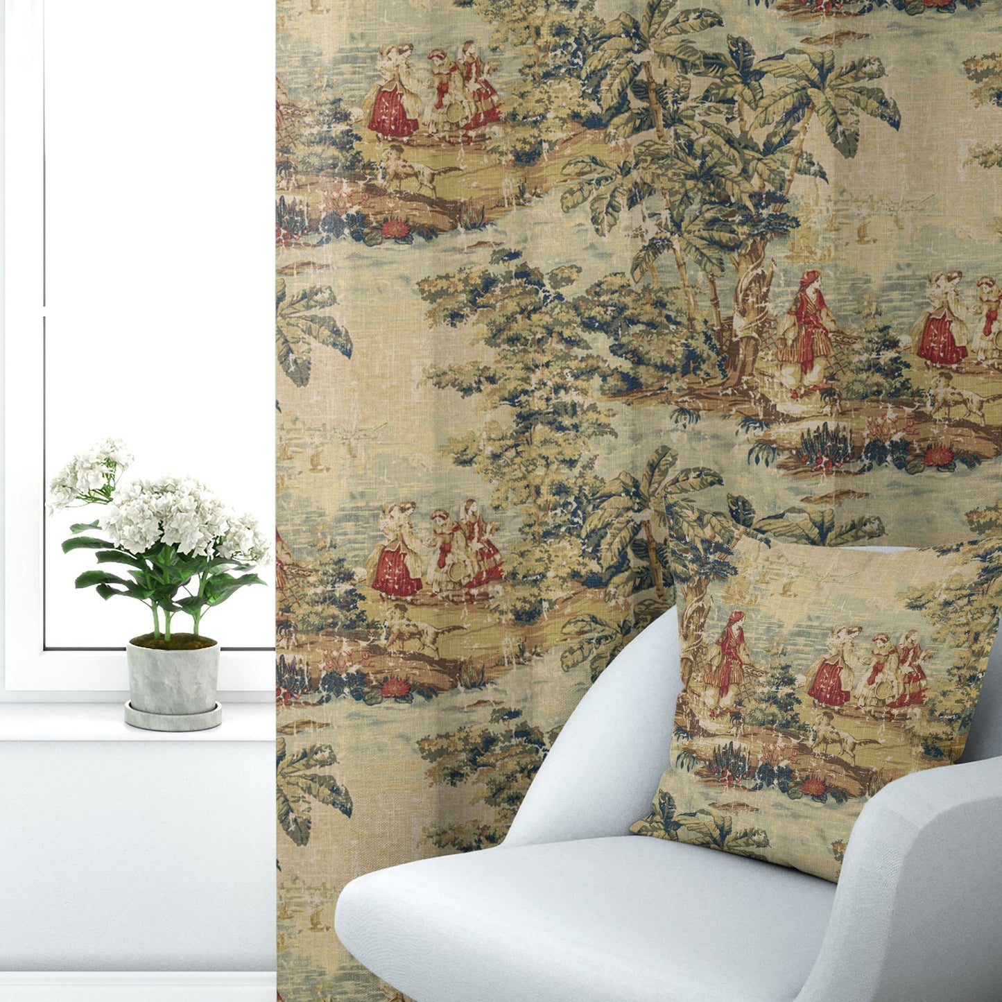 Back Tab Curtain Panels Pairs in Bosporus Antique Red Toile