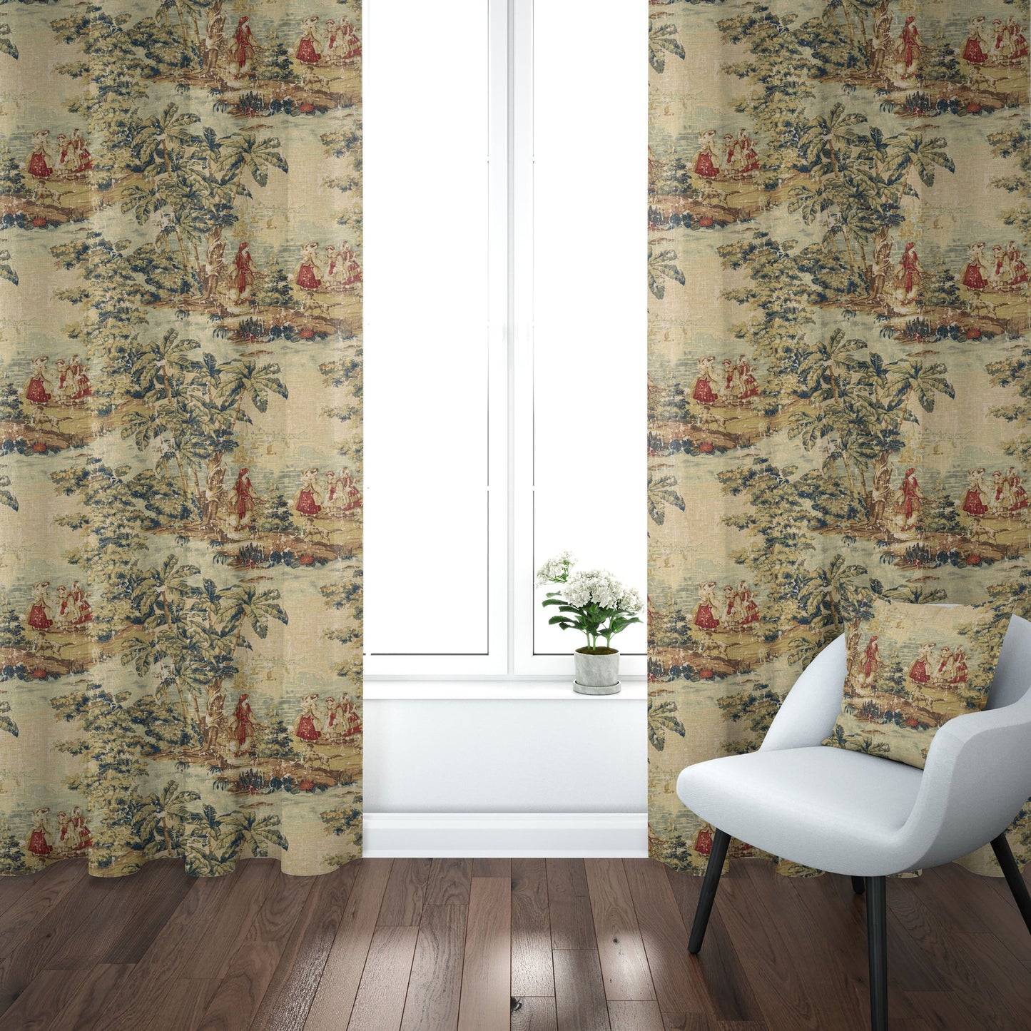 Back Tab Curtain Panels Pairs in Bosporus Antique Red Toile