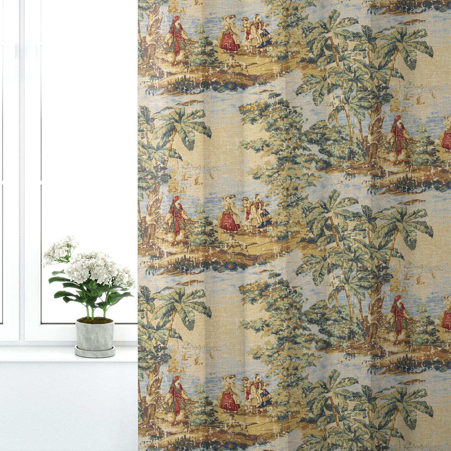 Pinch Pleated Curtains in Bosporus Billiard Renaissance Toile