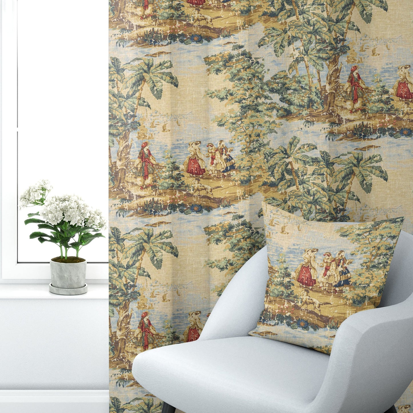 Back Tab Curtain Panels Pairs in Bosporus Billiard Renaissance Toile