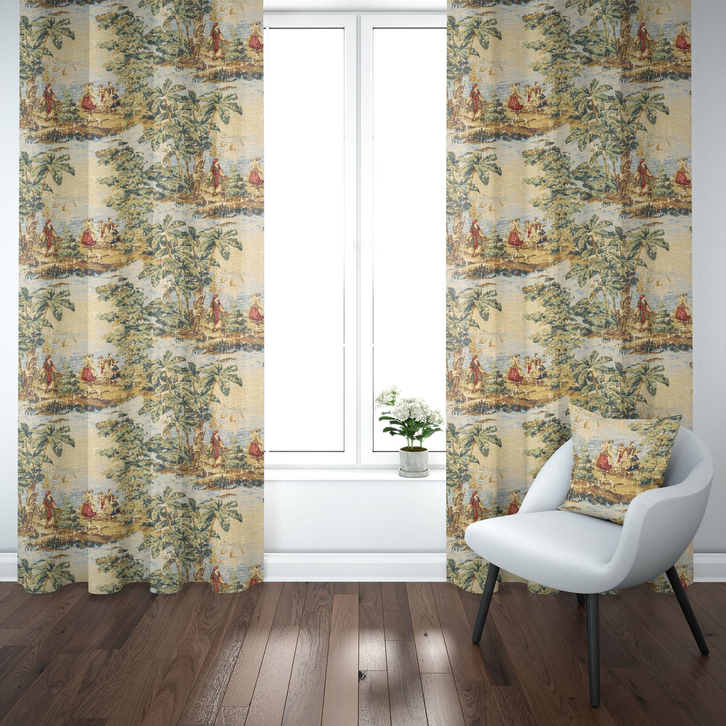 Back Tab Curtain Panels Pairs in Bosporus Billiard Renaissance Toile