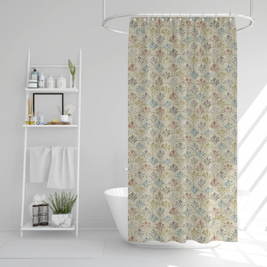 Shower Curtain in Countess Tuscan Scallop Watercolor- Blue, Terracotta, Gray, Tan