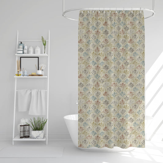 Stall (Narrow) Shower Curtain in Countess Tuscan Scallop Watercolor- Blue, Terracotta, Gray, Tan