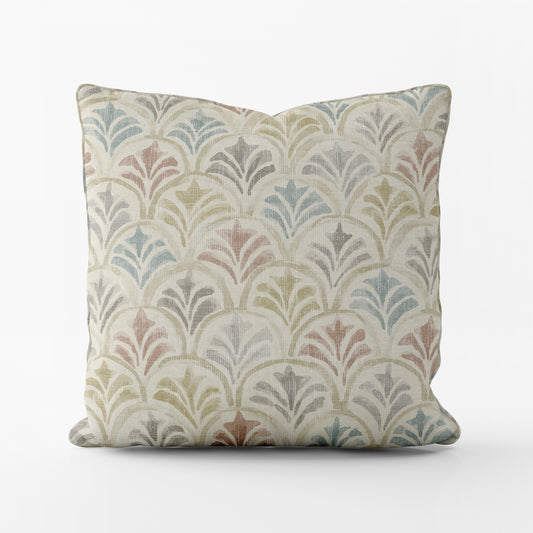 Decorative Pillows in Countess Tuscan Scallop Watercolor- Blue, Terracotta, Gray, Tan