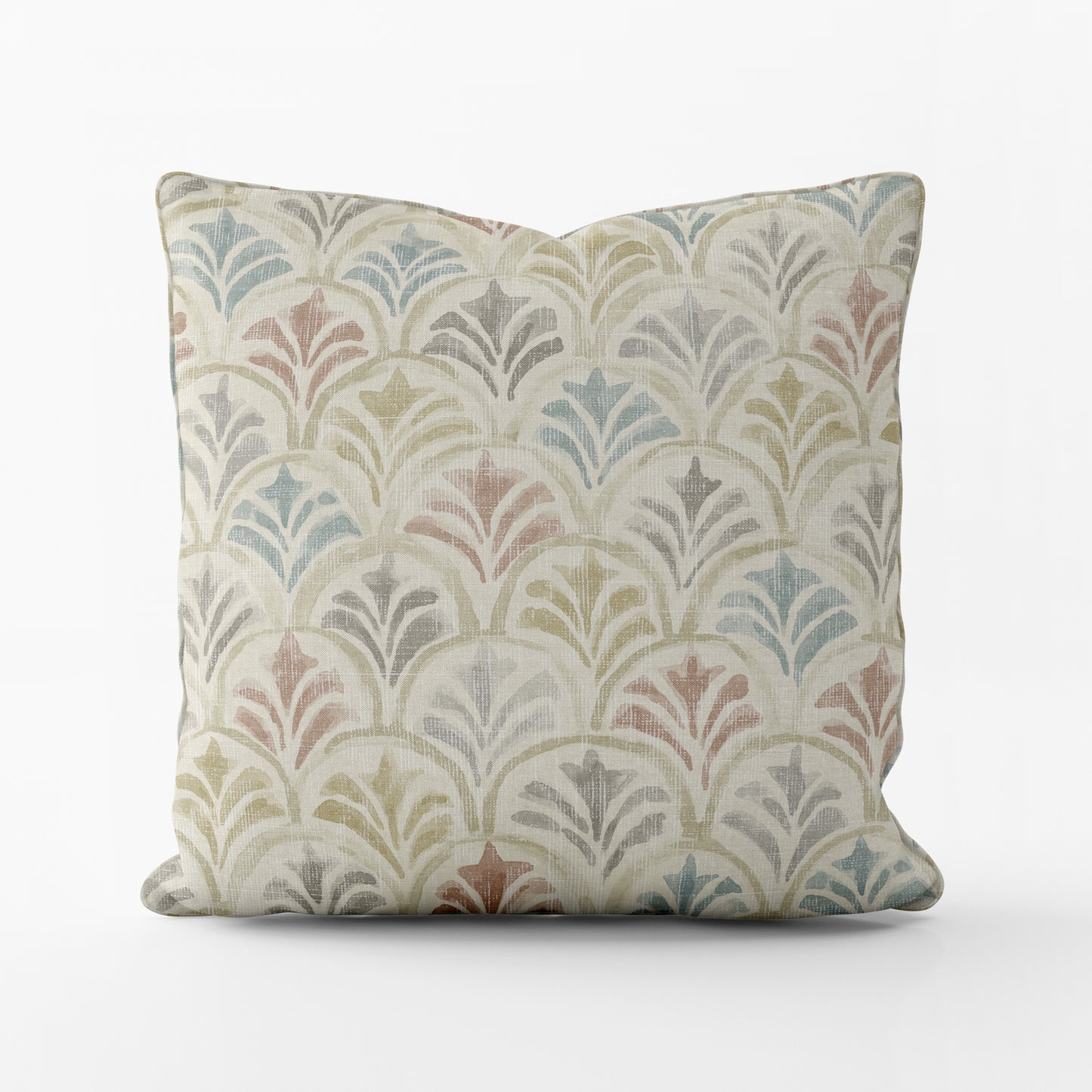 Decorative Pillows in Countess Tuscan Scallop Watercolor- Blue, Terracotta, Gray, Tan