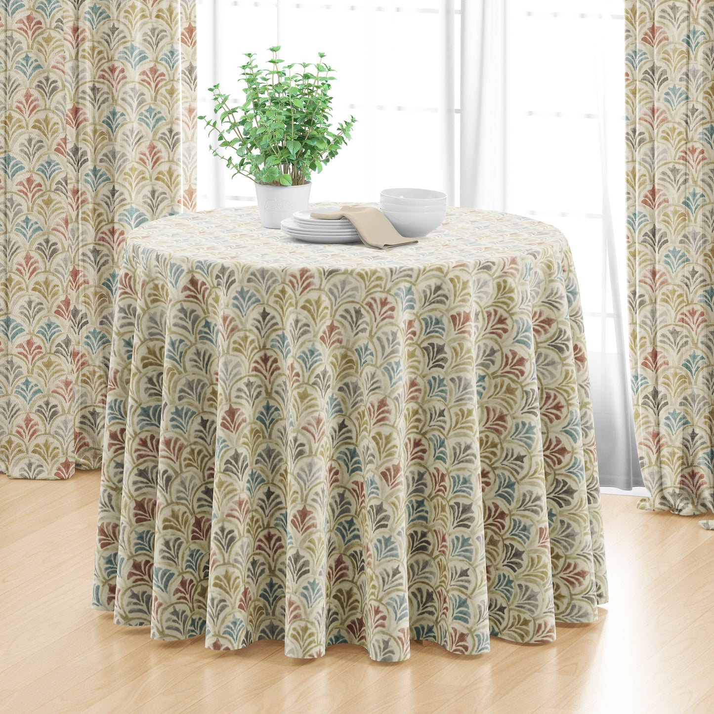 Round Tablecloth in Countess Tuscan Scallop Watercolor- Blue, Terracotta, Gray, Tan