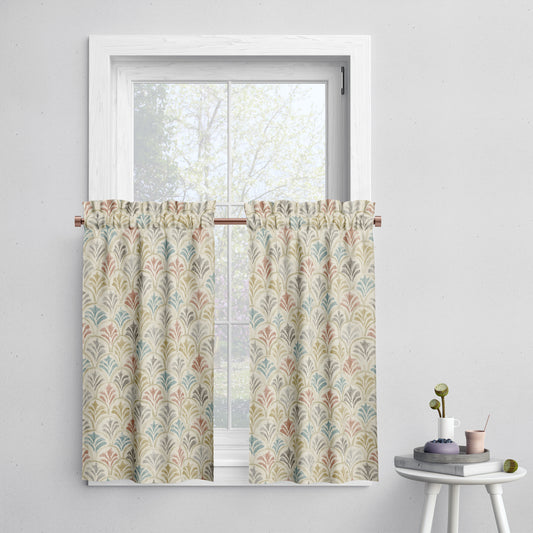 Tailored Tier Cafe Curtain Panels Pair in Countess Tuscan Scallop Watercolor- Blue, Terracotta, Gray, Tan
