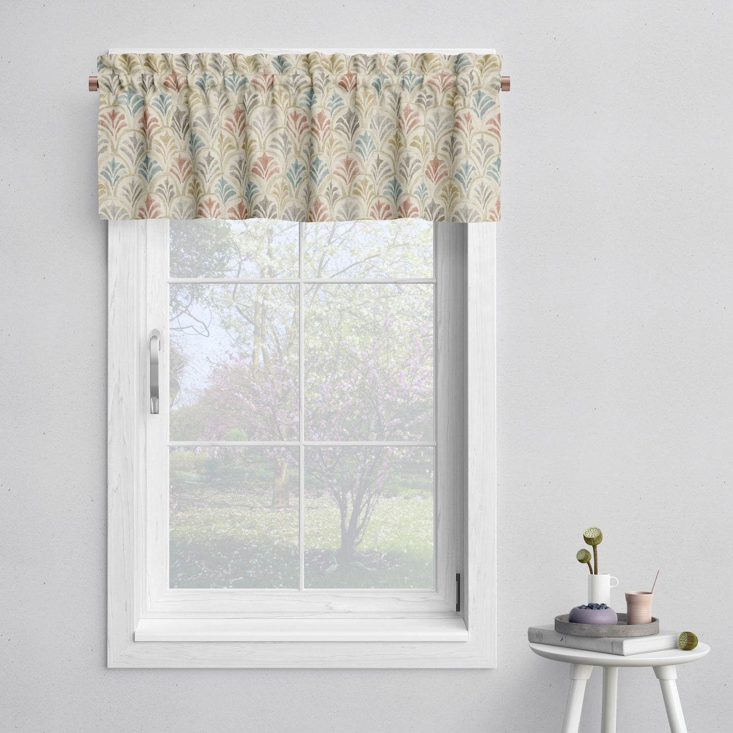 Tailored Valance in Countess Tuscan Scallop Watercolor- Blue, Terracotta, Gray, Tan