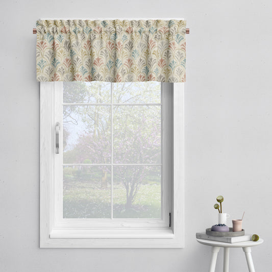 Tailored Valance in Countess Tuscan Scallop Watercolor- Blue, Terracotta, Gray, Tan