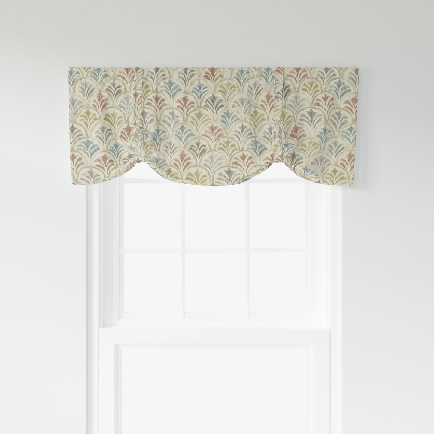 Tie-up Valance in Countess Tuscan Scallop Watercolor- Blue, Terracotta, Gray, Tan