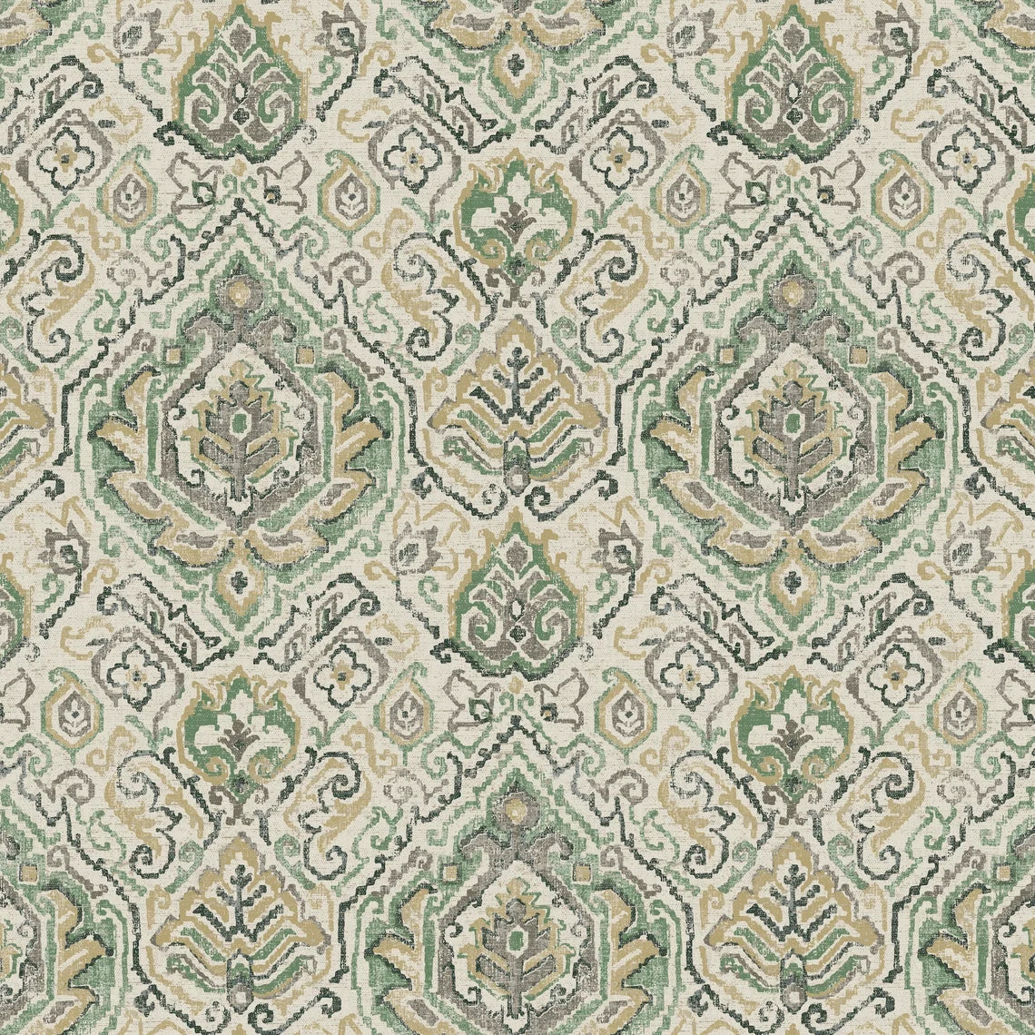 Back Tab Curtain Panels Pair in Cathell Meadow Green Medallion Weathered Persian Rug Design- Large Scale