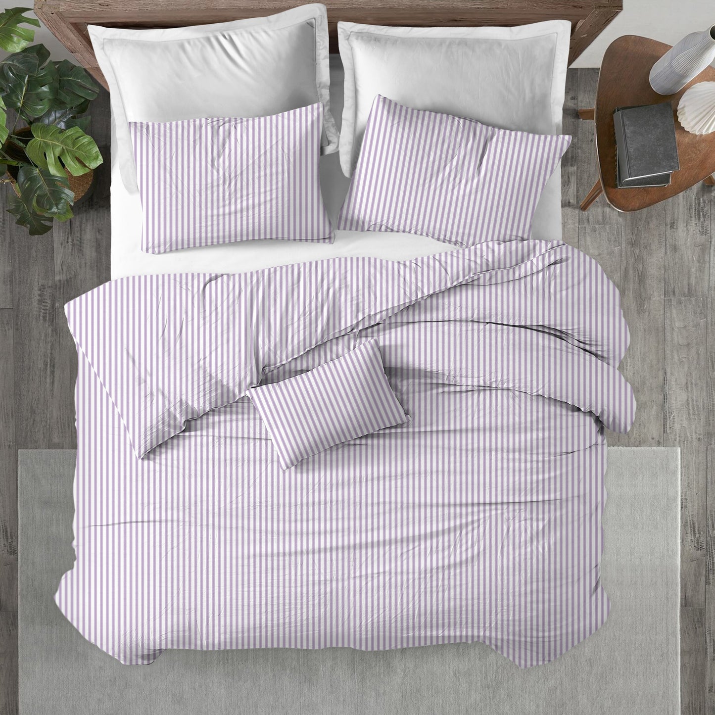 Duvet Cover in Classic Orchid Lavender Ticking Stripe on White