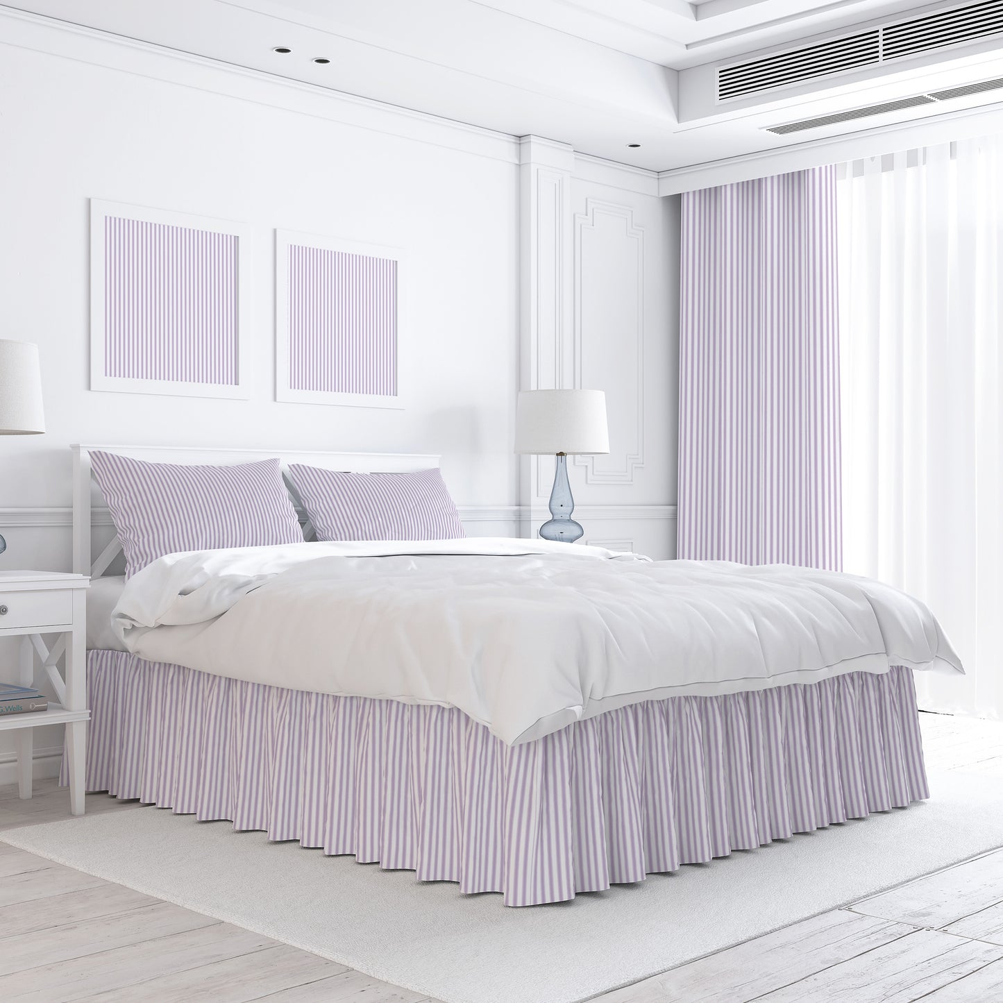 Gathered Bedskirt in Classic Orchid Lavender Ticking Stripe on White