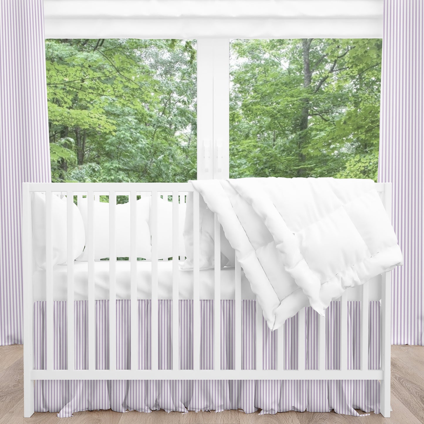 Gathered Crib Skirt in Classic Orchid Lavender Ticking Stripe on White