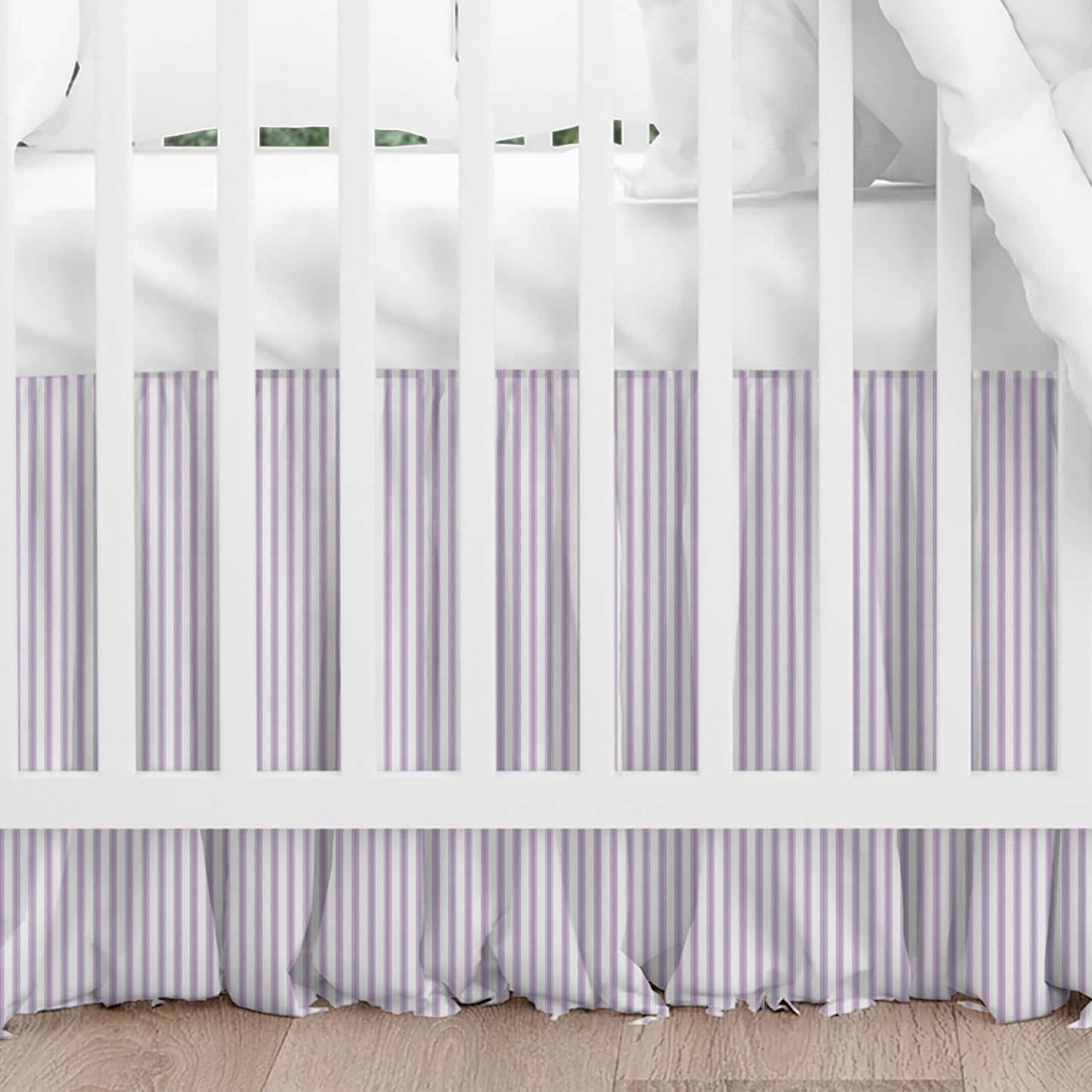 Gathered Crib Skirt in Classic Orchid Lavender Ticking Stripe on White