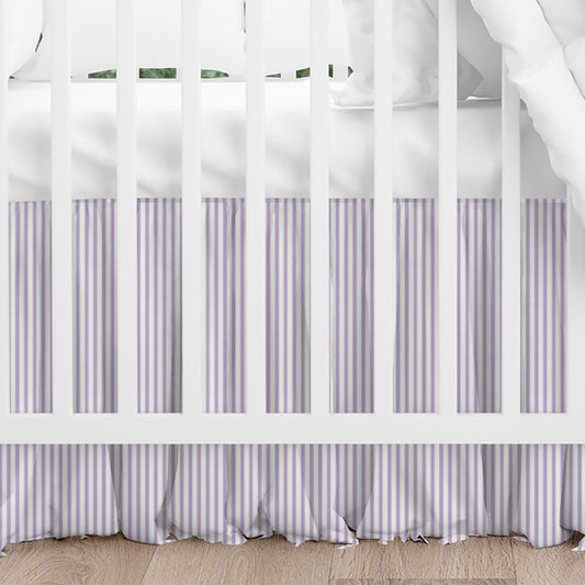 Gathered Crib Skirt in Classic Orchid Lavender Ticking Stripe on White