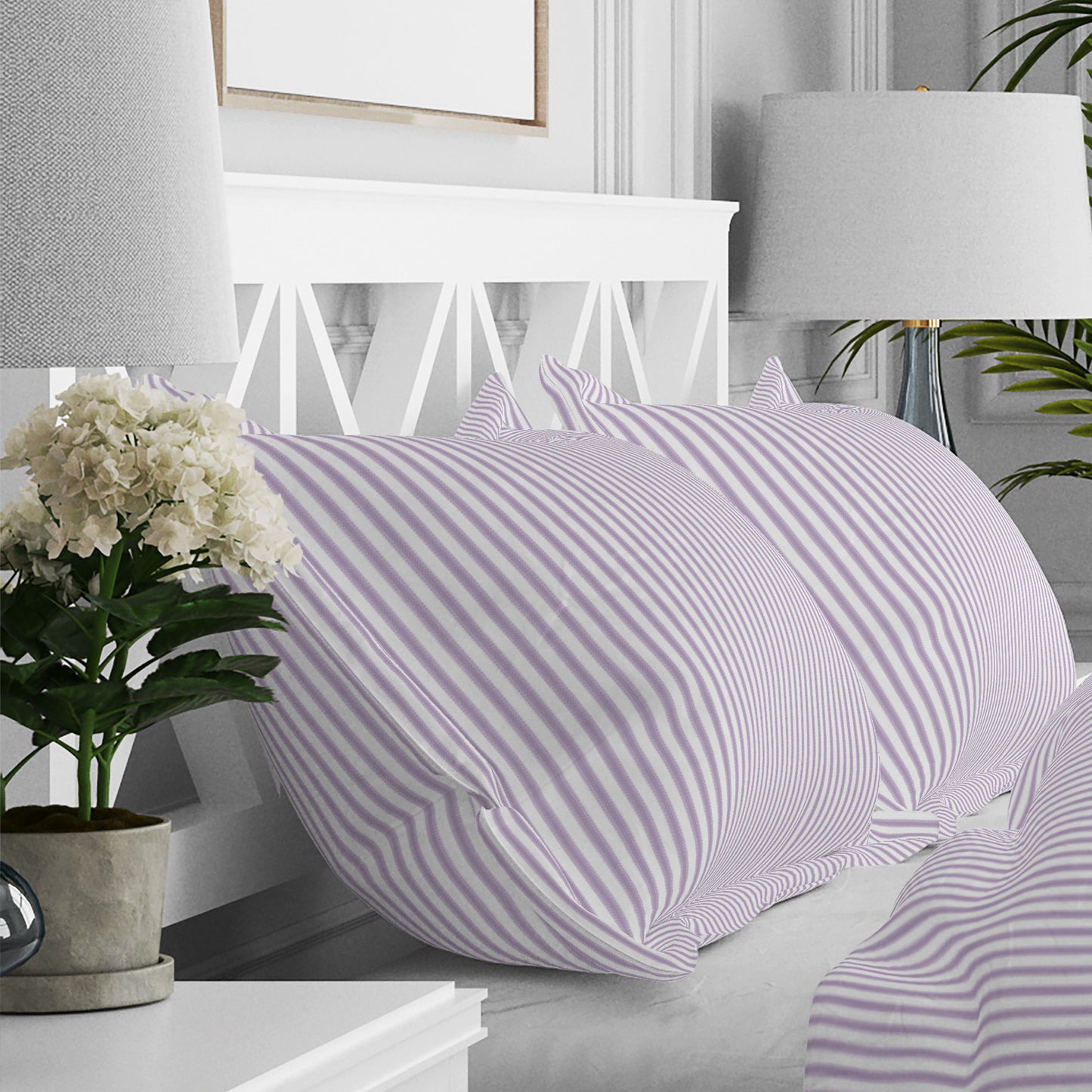 Pillow Sham in Classic Orchid Lavender Ticking Stripe on White