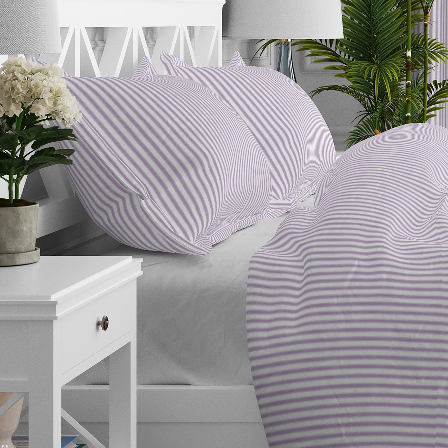 Pillow Sham in Classic Orchid Lavender Ticking Stripe on White