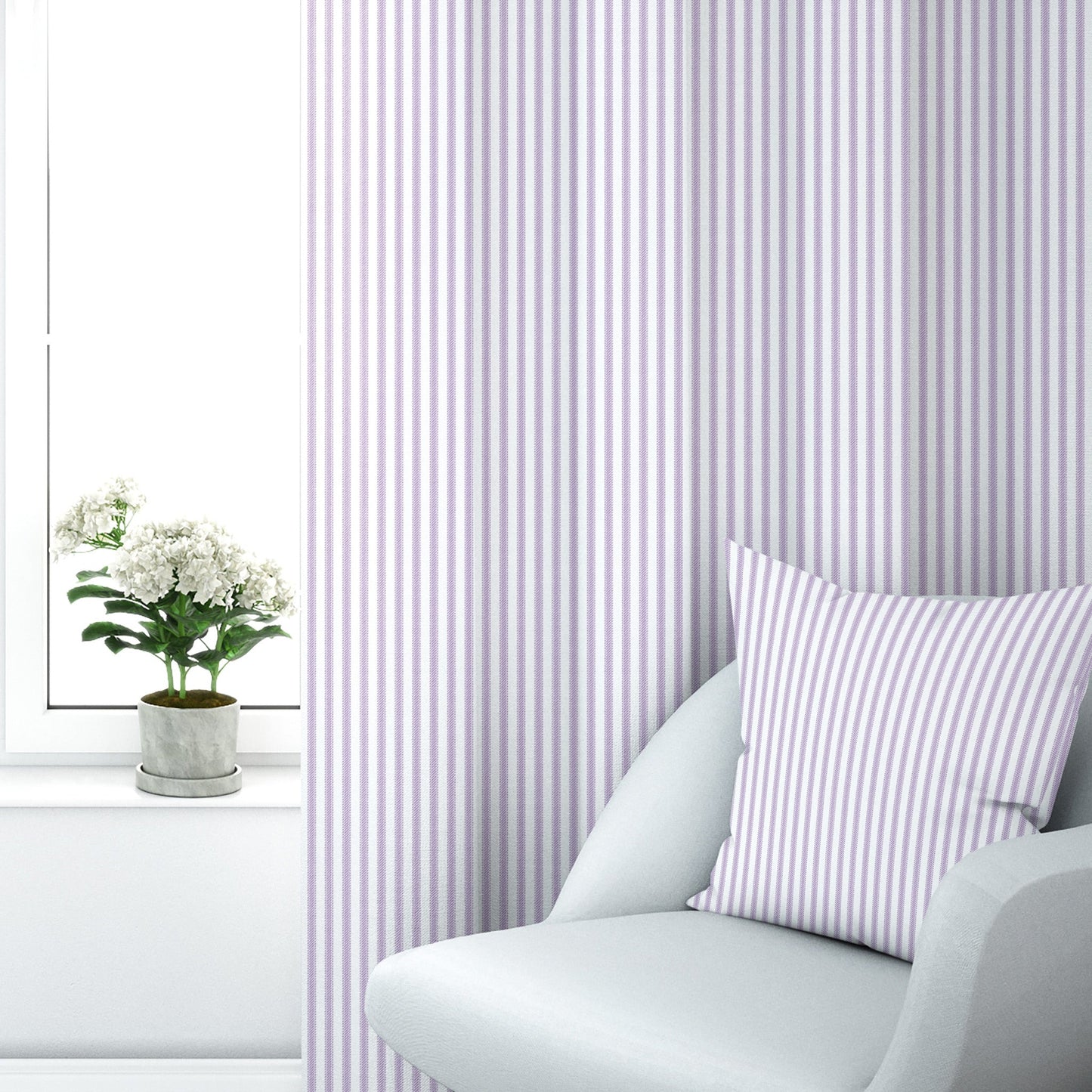 Back Tab Curtain Panels Pairs in Classic Orchid Lavender Ticking Stripe on White