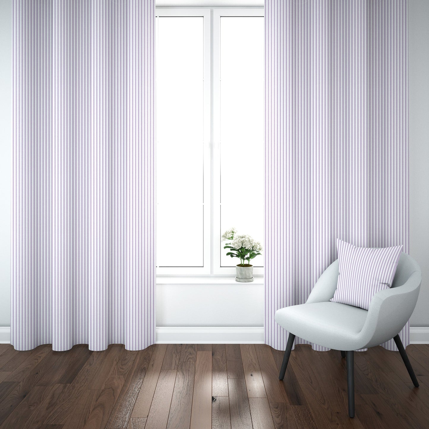 Back Tab Curtain Panels Pairs in Classic Orchid Lavender Ticking Stripe on White