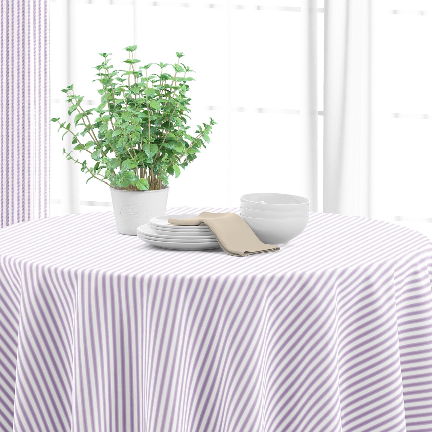 Round Tablecloth in Classic Orchid Lavender Ticking Stripe on White