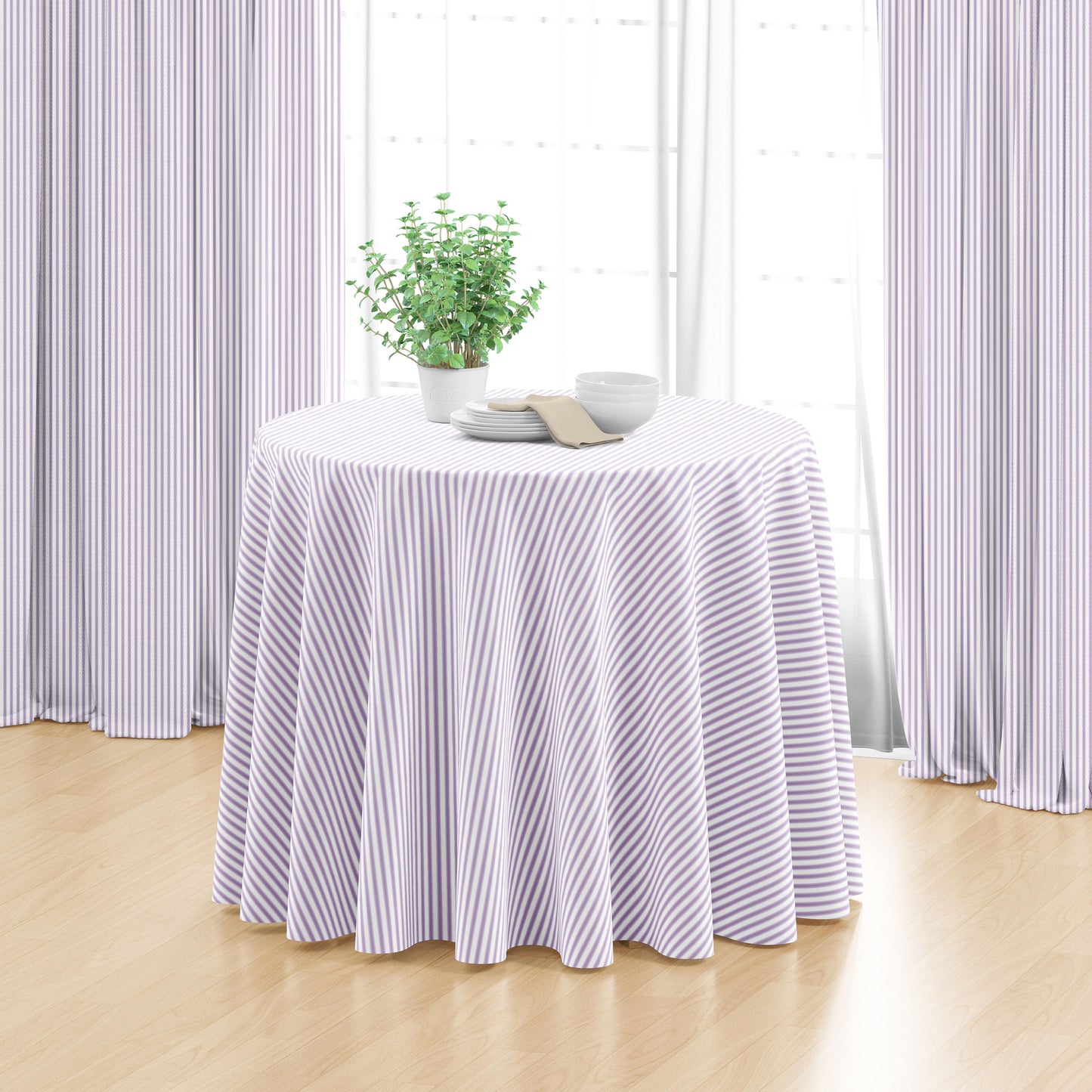 Round Tablecloth in Classic Orchid Lavender Ticking Stripe on White