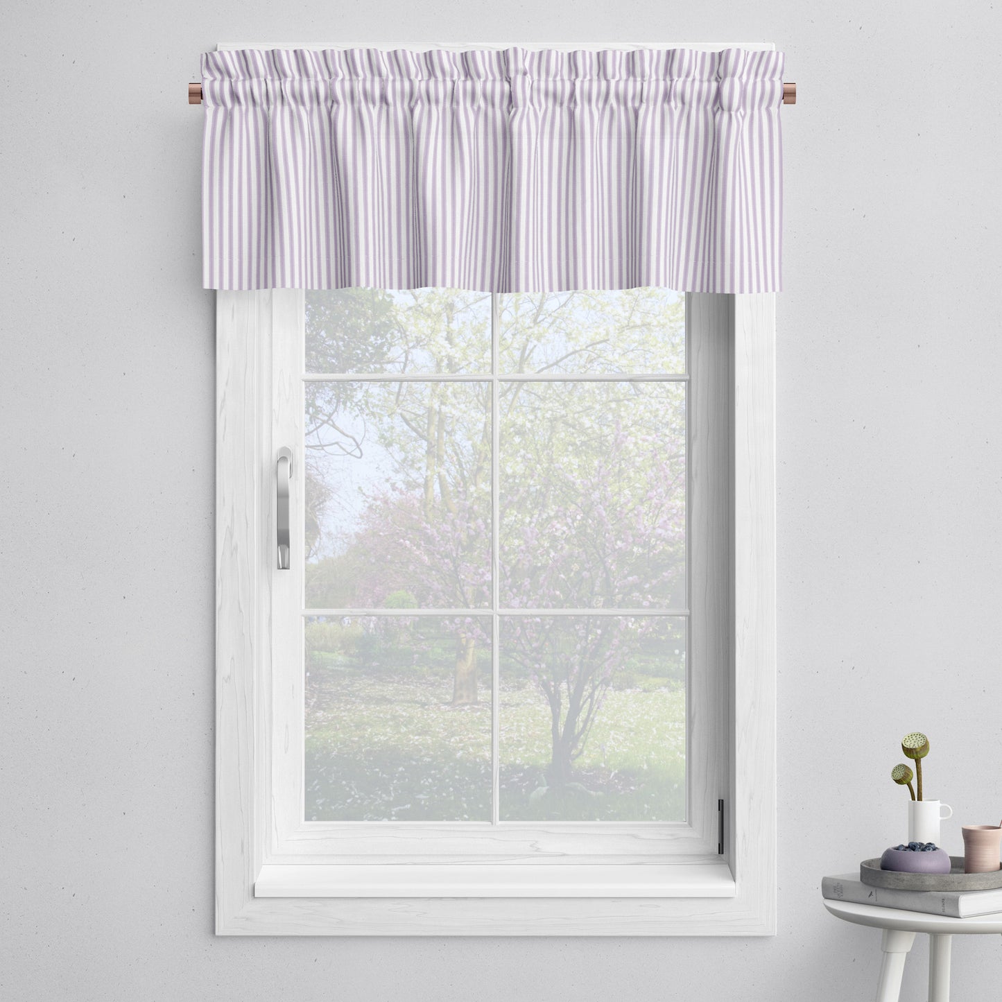 Tailored Valance in Classic Orchid Lavender Ticking Stripe on White