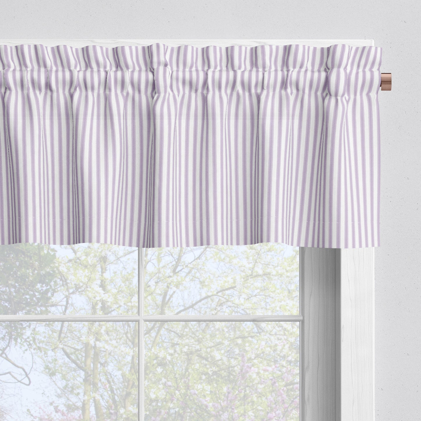 Tailored Valance in Classic Orchid Lavender Ticking Stripe on White