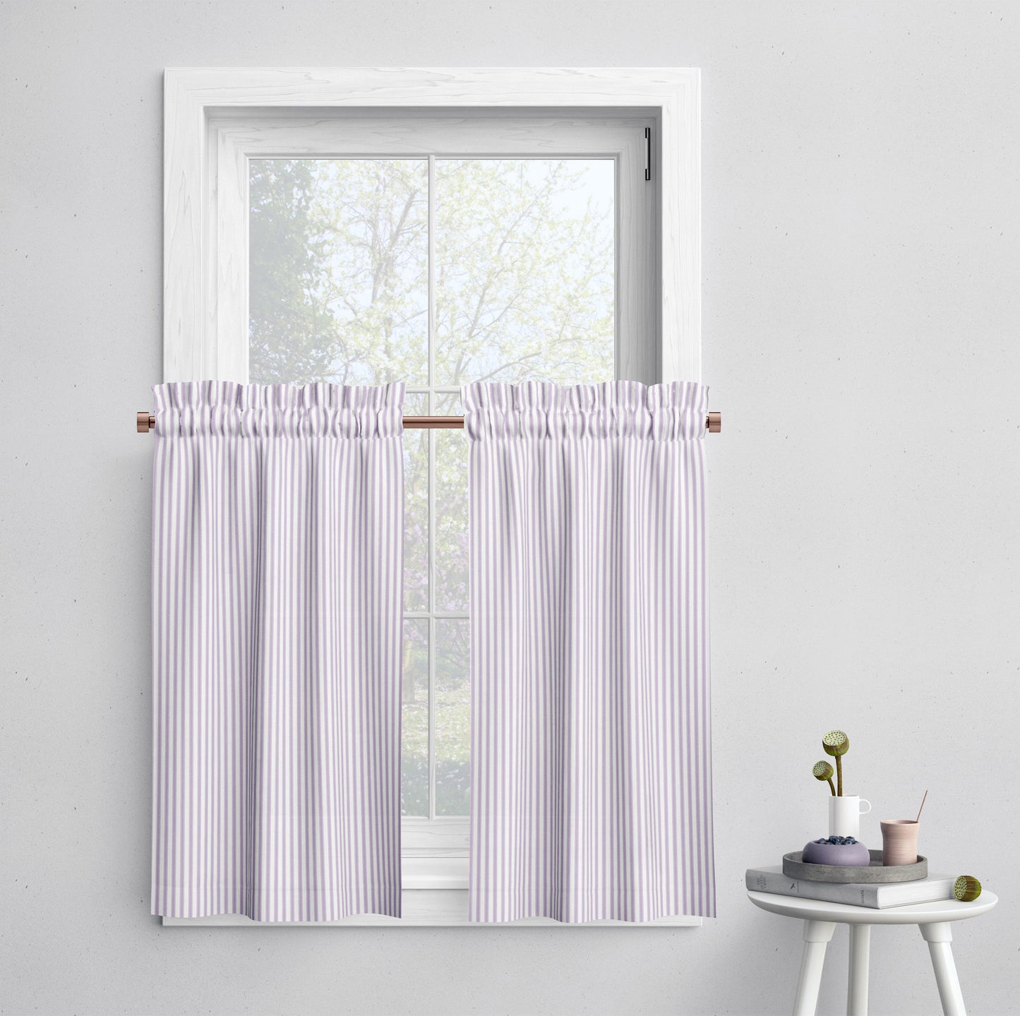 Tailored Tier Curtains in Classic Orchid Lavender Ticking Stripe on White