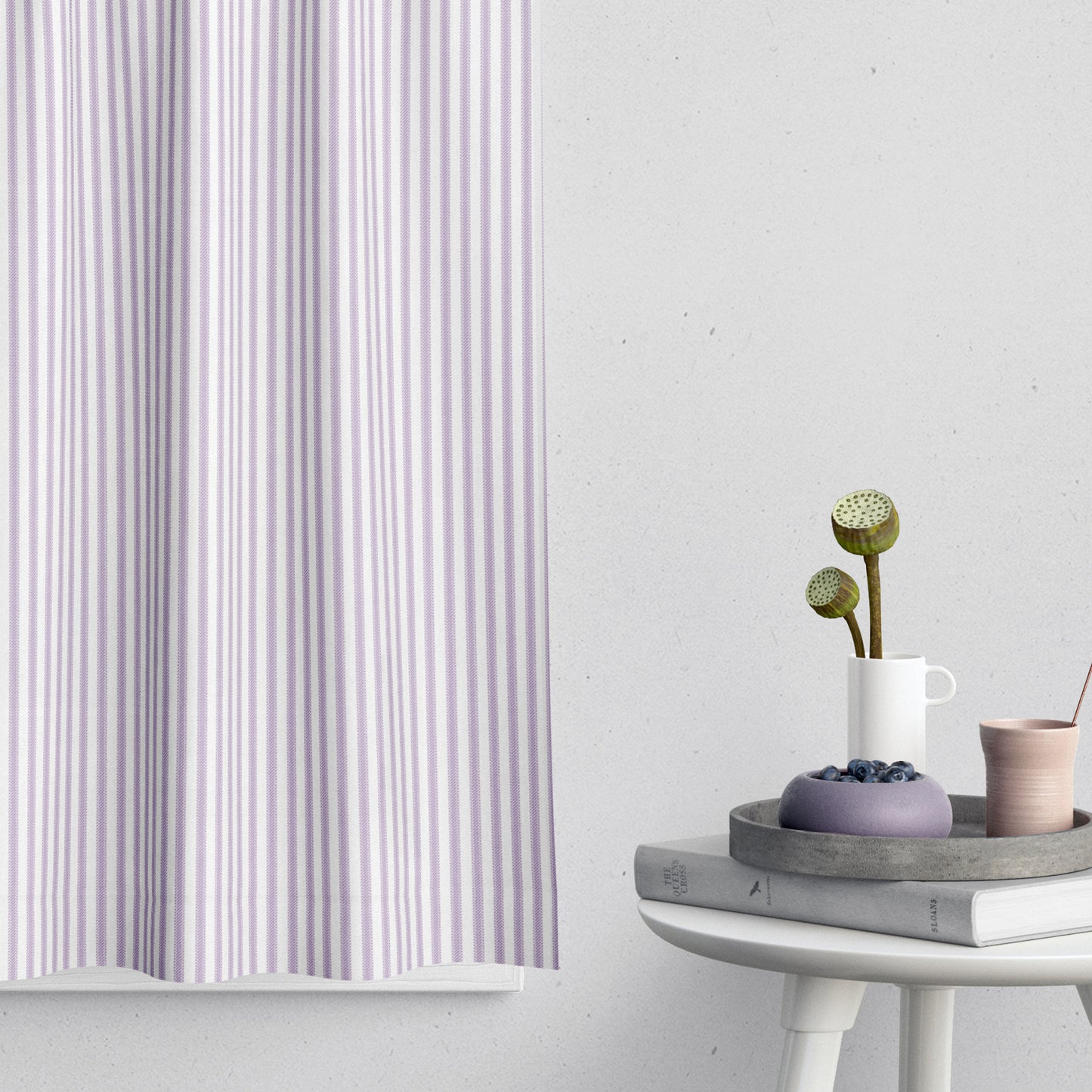 Tailored Tier Curtains in Classic Orchid Lavender Ticking Stripe on White