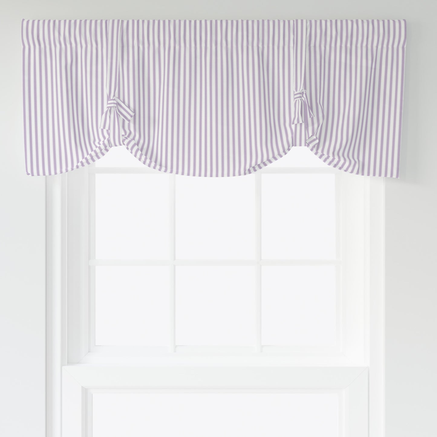 Tie-Up Valance in Classic Orchid Lavender Ticking Stripe on White