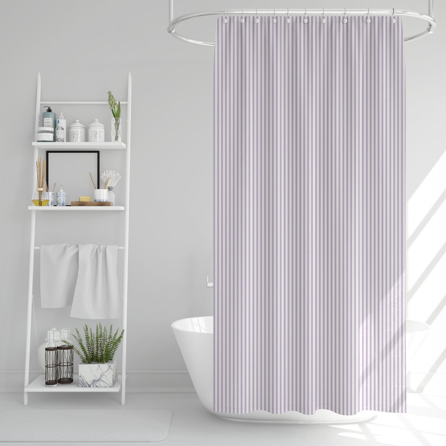 Shower Curtain in Classic Orchid Lavender Ticking Stripe on White