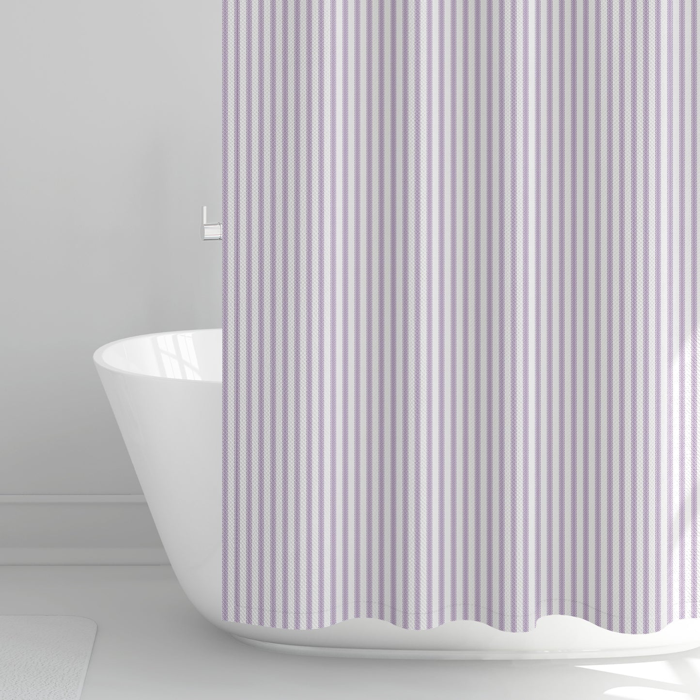 Shower Curtain in Classic Orchid Lavender Ticking Stripe on White