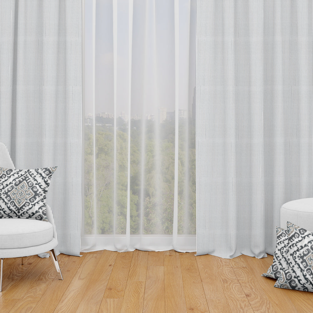 Back Tab Curtain Panels Pair in Classic Black Ticking Stripe on White