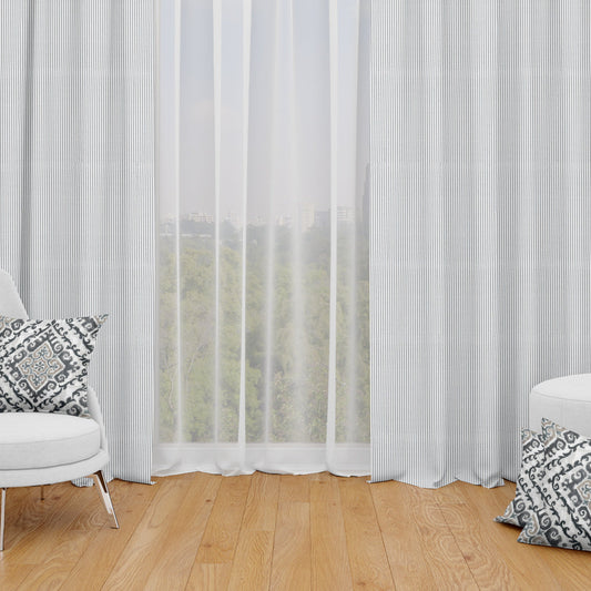 Back Tab Curtain Panels Pair in Classic Black Ticking Stripe on White