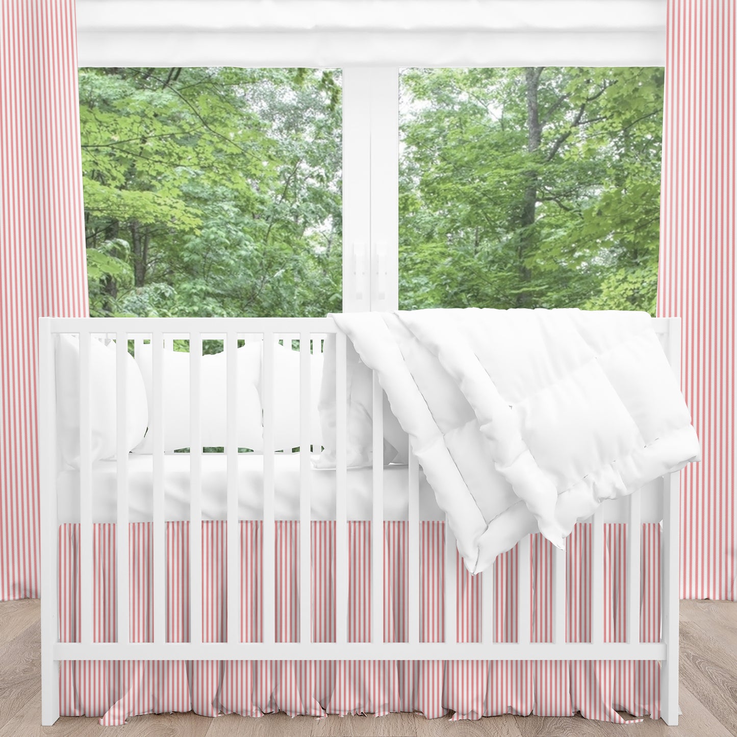 Gathered Crib Skirt in Classic Lipstick Red Ticking Stripe on White